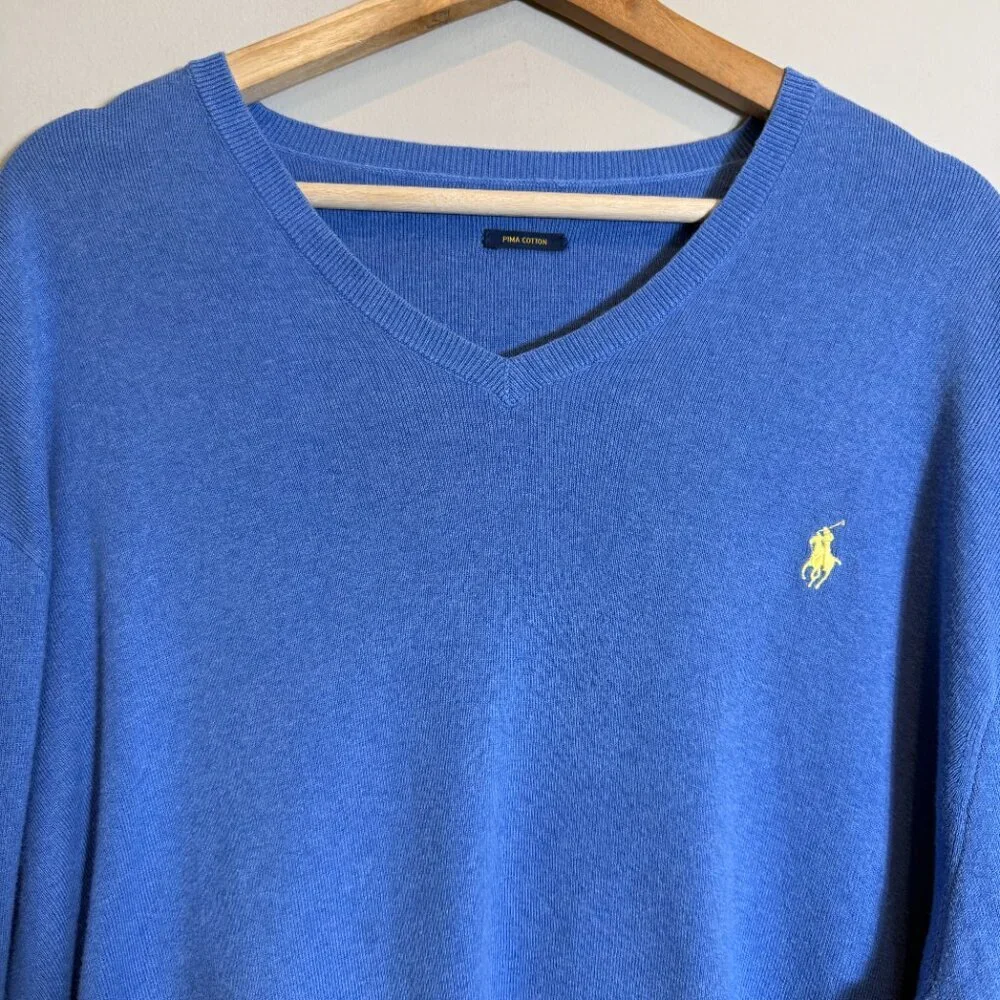 Polo Ralph Lauren Pima Cotton V-Neck Sweater Pullover Men's XL* Blue Preppy Soft